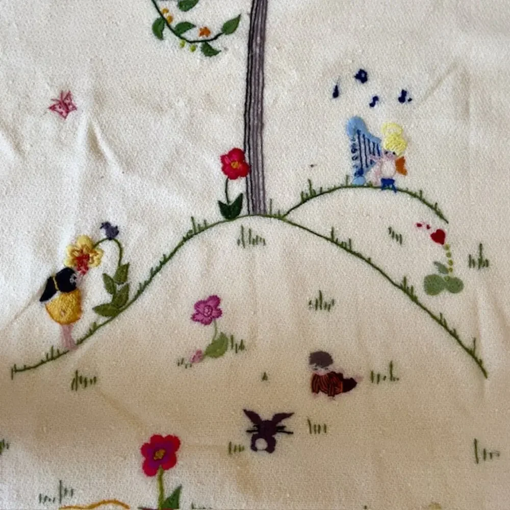 Vintage Embroidered Baby Blanket 33x51 Storybook Nursery Decor Heirloom